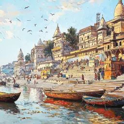 viventiq unframed banaras ghat painting | varanasi ghat | ganga ghat painting| big size Canvas 24 inch x 36 inch Painting-picture-16