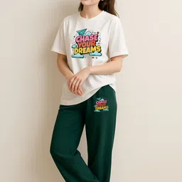 my swag Women Top & Pyjama Set Green, White Printed image 1