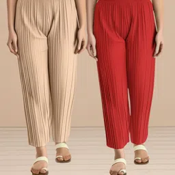 shopsolution Pack of 2 Women Relaxed Beige, Red Crepe Trousers-picture-13