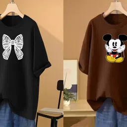 rapturous Pack of 2 Women Printed Round Neck Cotton Blend Black, Brown T-Shirt-picture-29