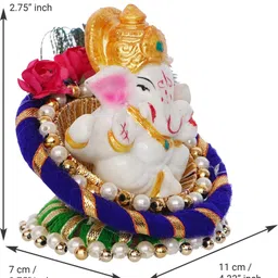 ecraftindia Lord Ganesha Idol on Decorative Handcrafted Floral Plate for Home and Car Decorative Showpiece - 7 cm image 4