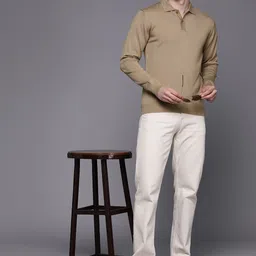 raymond Men Solid Collared Neck Beige Sweater image 4