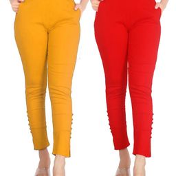 sajata Pack of 2 Women Slim Fit Red, Yellow Cotton Blend Trousers-picture-2