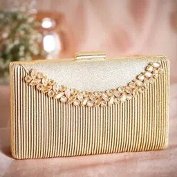 rubans Golden Coloured Box Clutch With Studded American Diamonds Sling Bag image 2