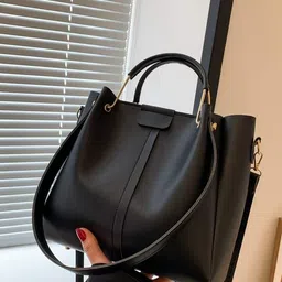 accomade Black Women Hand-held Bag Casual Women’s Shoulder Bag in pu-Leather- Spacious Tote with 1 Main Compartment image 1