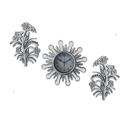 Art Street Silver-Toned Analogue Antique Design Decorative Flower Wall Clock With Leaf Set image 3