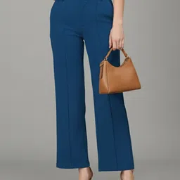 moda rapido Women Straight Fit Blue Cotton Blend Trousers-picture-12