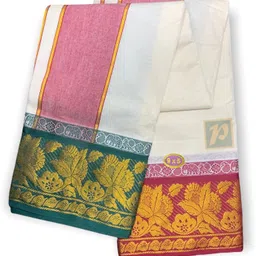 Prakasam Cotton Mens Unbleached Panchakacham (9x5) Dhoti & towel Set-100% cotton Flower Design Solid Men Dhoti image 4