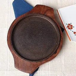 viazaid Cast Iron Sizzler Tray Plate with Wooden Base/Oval Sizzler Tray Sizzler Tray image 2