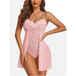 FIMS Women Pink Net Floral Lace Babydoll Lingerie Nightwear Dress-image-46