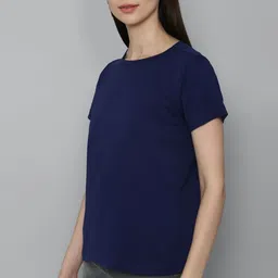 allen solly Women Solid Round Neck Pure Cotton Dark Blue T-Shirt image 4