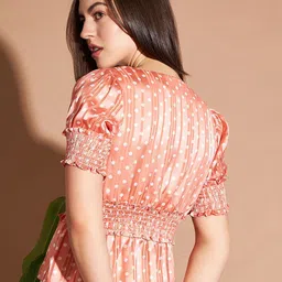 Marie Claire Peach & White Polka Dot Printed Puff Sleeves Satin Cinched Waist Top image 4