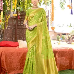 anouk rustic Anouk Lime Green & Gold-Toned Woven Design Zari Detailed Art Silk Chanderi Saree-picture-31