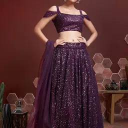 ODETTE Purple & Silver-Toned Embroidered Sequinned Semi-Stitched Lehenga & Unstitched Blouse With Dupatta-picture-41