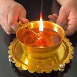 denique Akhand Diya,Adjustable Batti Lifting Screw Wick Holder,Gorilla Glass Cover,Large Brass, Borosilicate Glass Table Diya image 5