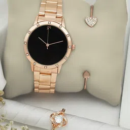JOKER & WITCH Women Black Dial & Rose Gold Toned Watch With Bracelet & Ring- JWLT672-image-21