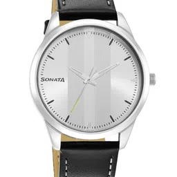Sonata Men Silver-Toned Brass Dial & Black Leather Straps Analogue Watch 7146SL01-picture-5
