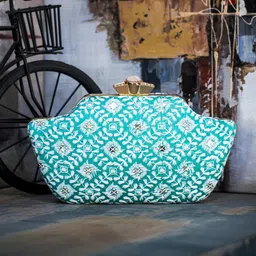 ARTKLIM Turquoise Blue & White Embroidered Box Clutch image 5