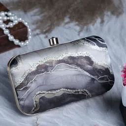 Swisni Silver-Toned & Grey Colourblocked Embellished Purse Clutch-image-12