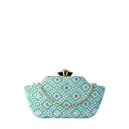 ARTKLIM Turquoise Blue & White Embroidered Box Clutch image 4