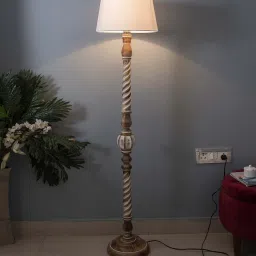 homesake Kwan Off White Cotton Shade Club Floor Lamp With Wood Base image 1