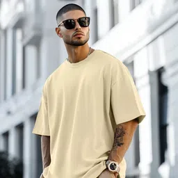 veirdo Oversized Men Solid Round Neck Pure Cotton Beige T-Shirt-picture-12