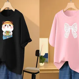 rapturous Pack of 2 Women Printed Round Neck Cotton Blend Black, Pink T-Shirt-picture-33