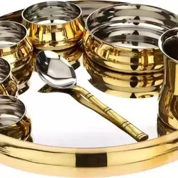 alluring homz Pack of 8 Brass Brass Steel 8 Pieces Curved Dinner Set/Thali Set Dinnerware,Tableware Dinner Set image 4
