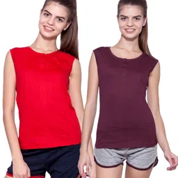 Pack of 2 Women Solid Henley Neck Pure Cotton Red, Maroon T-Shirt-image-97