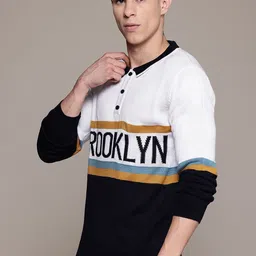 roadster Men Colorblock Peter Pan Collar White Sweater image 3