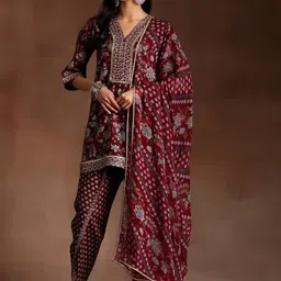 Libas Burgundy Floral Printed V-Neck Sequinned Straight Kurti With Dhoti Pants & Dupatta image 1
