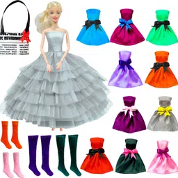 babro Full Foldable Doll with Black Frock, 10 Doll Dresses, 4 Pair Doll Socks & 1 Bag image 1