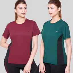 white moon Pack of 2 Women Colorblock Round Neck Polyester Multicolor T-Shirt-picture-15
