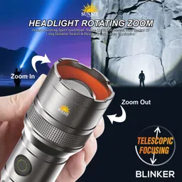 sunaze 200W Rechargeable LED Flashlight - Zoom, COB Side Light, Type-C Port, Waterproof Torch image 2