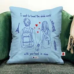 Blue Polycotton Cushion Cover with Filler For Travel Lovers-image-24