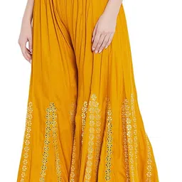 srisaras Women Flared Yellow Viscose Rayon Trousers-picture-22