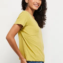 max Women Solid Round Neck Cotton Blend Yellow T-Shirt image 4