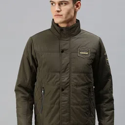 SHOWOFF Men Olive Green Camouflage Padded Jacket with Patchwork image 1