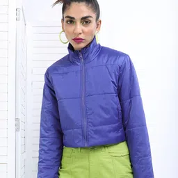 Tokyo Talkies Women Blue Solid Polyester Crop Puffer Jacket-picture-2