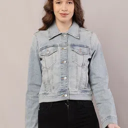 NoBarr Women Spread Collar Washed Solid Cotton Casual Denim Jacket-picture-9