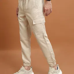 highlander Men Regular Fit Beige Cotton Blend Trousers image 4