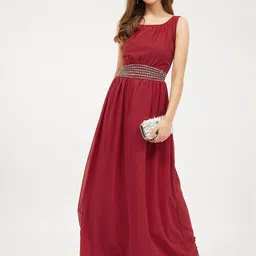 Women A-line Maroon Maxi/Full Length Dress-image-3