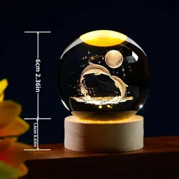 crecklos 3D Dolphin 60mm Crystal Ball Night Light With LED Wooden Base Birthday Gifts Table Lamp image 4