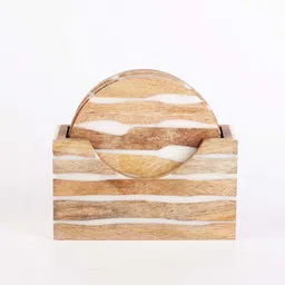 the decor mart Waves Round Brown & White MDF (Set of 4) Table Coaster with Stand image 3