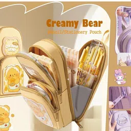 radhey preet Trendy Creamy Bear Print More Spacious And Storage Layers, Bag Type Pencil Pouch For Kids, Students Their Daily Use Price For 1 Empty Pencil Pouch, RP1352 Art Polyester Pencil Box image 4