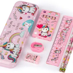 neel Unicorn Pencil Box Unicorn School Stationery Kit combo 8-IN-1 Gift Set 2 Pencils Unicorn Metal Pencil Box/Sharpener/Eraser/ Scale/Crayon Birthday Gift for Girls Art Plastic Pencil Box image 2
