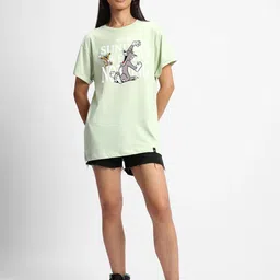 bewakoof Women Printed Round Neck Pure Cotton Green T-Shirt image 4