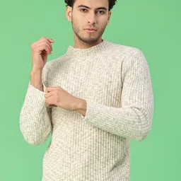 v-mart Men Self Design Round Neck Beige Sweater image 2