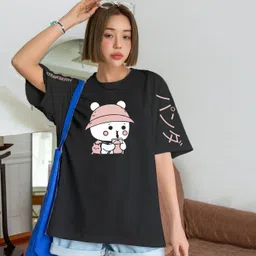 infirax Women Printed Round Neck Cotton Blend Black T-Shirt image 2