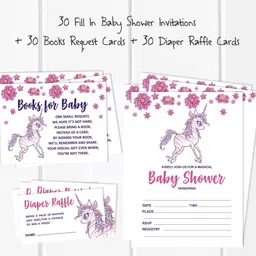 inkdotpot Set of 30 Unicorn Floral Baby Shower Invitations Book Request Cards Invites Invitation Card image 3